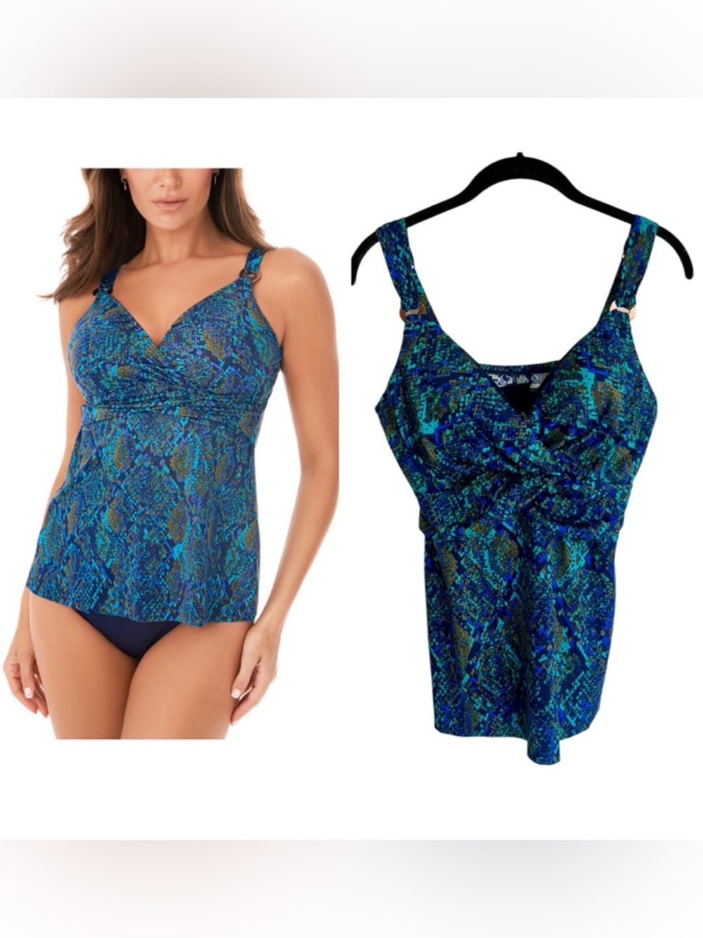 NWT Miraclesuit Plunge Tankini swimsuit top multi snakeskin blue green 34DD
